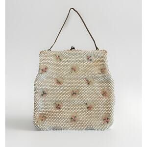 Vintage 1950's Corde Beaded Hand Bag Purse Cream & Pink Floral USA Evening Bag